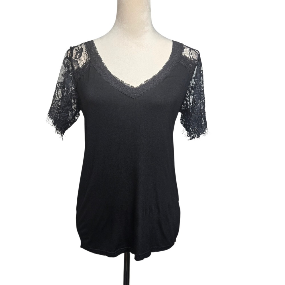 POL Black Lace Short Sleeve V-Neck Top Shirt Whimsigoth Boho Lace Womens Small